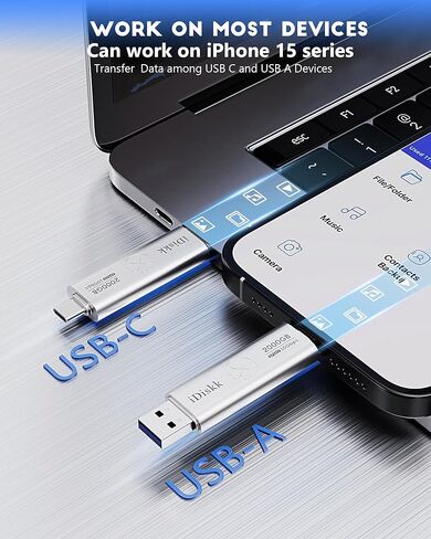 【التوصيل والتشغيل】 عصا صور iDiskk 2 تيرابايت فائقة السرعة لمحرك فلاش الحالة الصلبة لهاتف iPhone 15/15 Plus/15 Pro/15 Pro Max، وUSB C iPad، وMacBook، وأجهزة الكمبيوتر المحمول، وهواتف Android وأجهزة الكمبيوتر التي تعمل بنظام Windows، حتى 1000 ميجابايت/ثانية in Kuwait
