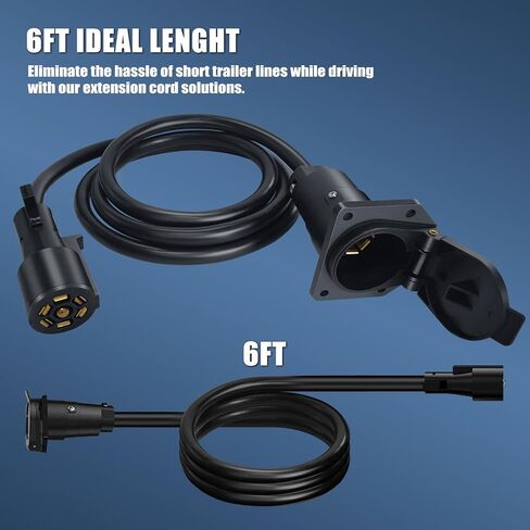 6ft 7-Way Trailer Plug Extension Wiring Harness - Plug-N-Play 7-Pin Trailer Wire Cable للتحكم في الفرامل والضوء، مناسب للمركبات الترفيهية والمقطورات والمعسكرات والمركبات المسحوبة الأخرى، 10-14 AWG in Kuwait