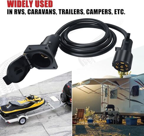 6ft 7-Way Trailer Plug Extension Wiring Harness - Plug-N-Play 7-Pin Trailer Wire Cable للتحكم في الفرامل والضوء، مناسب للمركبات الترفيهية والمقطورات والمعسكرات والمركبات المسحوبة الأخرى، 10-14 AWG in Kuwait