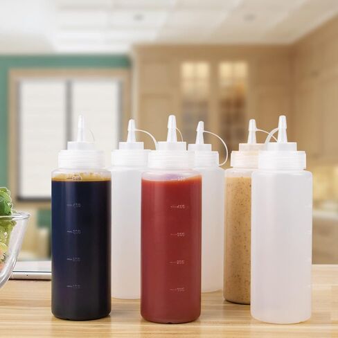 Squeeze Bottles for Sauces,16oz Plastic Bottles with Squeeze Top Set of 6 Refillable Clear Squeeze Bottle with Squirt Nozzle,Leakproof Lid and Measurements for Ketchup, Sauces, Cooking Oil, Syrup in Saudi Arabia