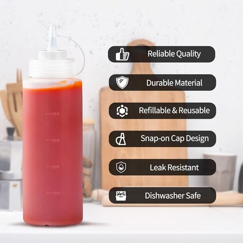 Squeeze Bottles for Sauces,16oz Plastic Bottles with Squeeze Top Set of 6 Refillable Clear Squeeze Bottle with Squirt Nozzle,Leakproof Lid and Measurements for Ketchup, Sauces, Cooking Oil, Syrup in Saudi Arabia