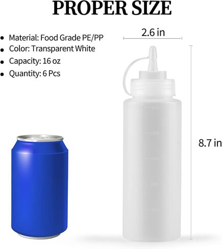 Squeeze Bottles for Sauces,16oz Plastic Bottles with Squeeze Top Set of 6 Refillable Clear Squeeze Bottle with Squirt Nozzle,Leakproof Lid and Measurements for Ketchup, Sauces, Cooking Oil, Syrup in Saudi Arabia