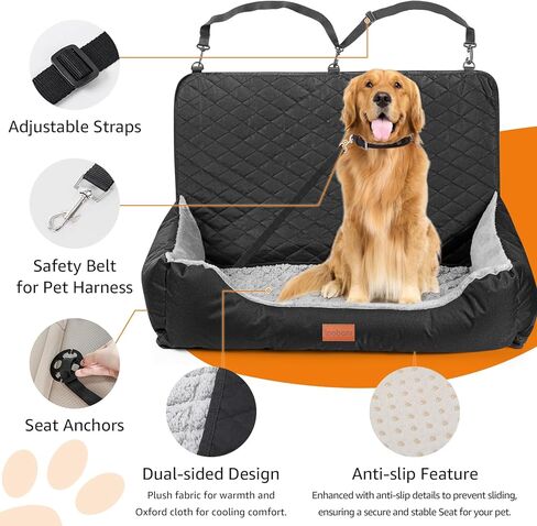 LOOBANI Car Back Seat for Dogs, Booster Seat for Medium to Large Dogs, Washable Pet Seat for Car with Dual-Sided Cushion Pad, Non-Slip Rear Seat Bed for Pets, Universal Size, Black & Grey in Saudi Arabia