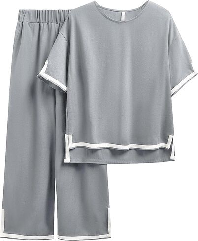 أطقم كتان NORACORA مكونة من قطعتين أطقم صالة نسائية متطابقة بأرجل واسعة وأكمام قصيرة ملابس رياضية صيفية أنيقة غير رسمية in Kuwait