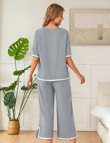 أطقم كتان NORACORA مكونة من قطعتين أطقم صالة نسائية متطابقة بأرجل واسعة وأكمام قصيرة ملابس رياضية صيفية أنيقة غير رسمية in Kuwait