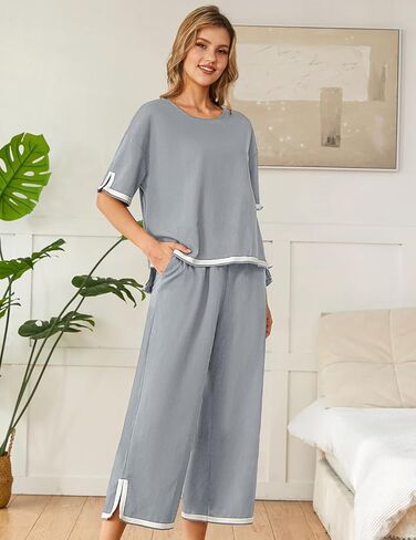 أطقم كتان NORACORA مكونة من قطعتين أطقم صالة نسائية متطابقة بأرجل واسعة وأكمام قصيرة ملابس رياضية صيفية أنيقة غير رسمية in Kuwait