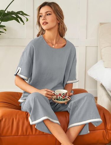 أطقم كتان NORACORA مكونة من قطعتين أطقم صالة نسائية متطابقة بأرجل واسعة وأكمام قصيرة ملابس رياضية صيفية أنيقة غير رسمية in Kuwait