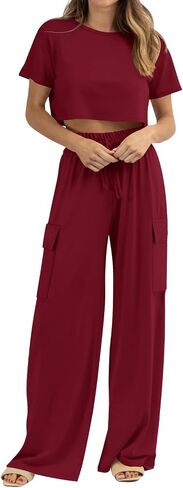 Atizon Women 2 Piece Outfits Summer Short Sleeve Crop Top Elastic Waist Wide Leg Pants Lounge Sets Casual in Saudi Arabia