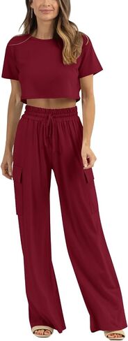Atizon Women 2 Piece Outfits Summer Short Sleeve Crop Top Elastic Waist Wide Leg Pants Lounge Sets Casual in Saudi Arabia