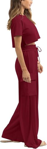 Atizon Women 2 Piece Outfits Summer Short Sleeve Crop Top Elastic Waist Wide Leg Pants Lounge Sets Casual in Saudi Arabia