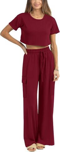 Atizon Women 2 Piece Outfits Summer Short Sleeve Crop Top Elastic Waist Wide Leg Pants Lounge Sets Casual in Saudi Arabia