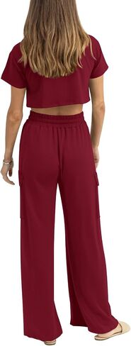 Atizon Women 2 Piece Outfits Summer Short Sleeve Crop Top Elastic Waist Wide Leg Pants Lounge Sets Casual in Saudi Arabia