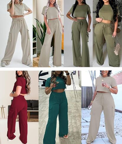 Atizon Women 2 Piece Outfits Summer Short Sleeve Crop Top Elastic Waist Wide Leg Pants Lounge Sets Casual in Saudi Arabia