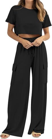Atizon Women 2 Piece Outfits Summer Short Sleeve Crop Top Elastic Waist Wide Leg Pants Lounge Sets Casual in Saudi Arabia