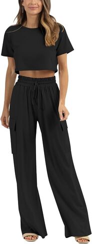 Atizon Women 2 Piece Outfits Summer Short Sleeve Crop Top Elastic Waist Wide Leg Pants Lounge Sets Casual in Saudi Arabia