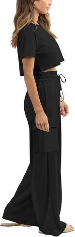 Atizon Women 2 Piece Outfits Summer Short Sleeve Crop Top Elastic Waist Wide Leg Pants Lounge Sets Casual in Saudi Arabia