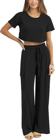 Atizon Women 2 Piece Outfits Summer Short Sleeve Crop Top Elastic Waist Wide Leg Pants Lounge Sets Casual in Saudi Arabia