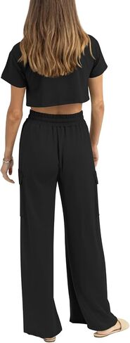Atizon Women 2 Piece Outfits Summer Short Sleeve Crop Top Elastic Waist Wide Leg Pants Lounge Sets Casual in Saudi Arabia