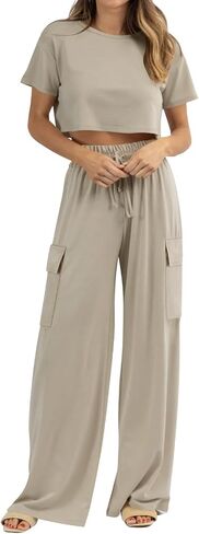 Atizon Women 2 Piece Outfits Summer Short Sleeve Crop Top Elastic Waist Wide Leg Pants Lounge Sets Casual in Saudi Arabia