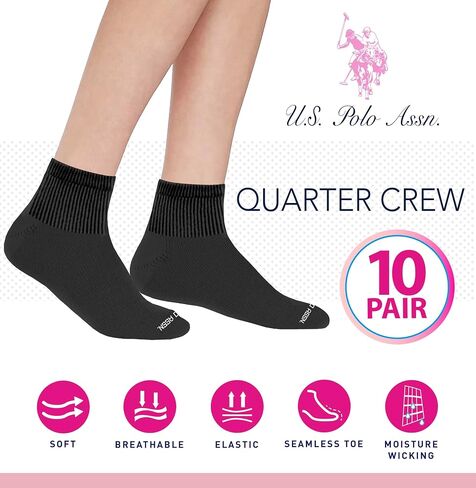 U.S. Polo Assn. 10 Pair Womens QUARTER Length Casual Socks - Moisture Control Socks - Casual Socks - Shoe Size 4-10 in Saudi Arabia