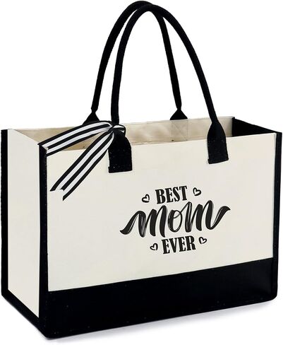 BeeGreen BEST MOM Birthday Gifts Embroidery 13oz Canvas Tote Bag with Pocket & Removable Bottom Support Personalized Tote Bag Initial Tote Bag Unique Gifts For Women Personalized Gifts in Saudi Arabia