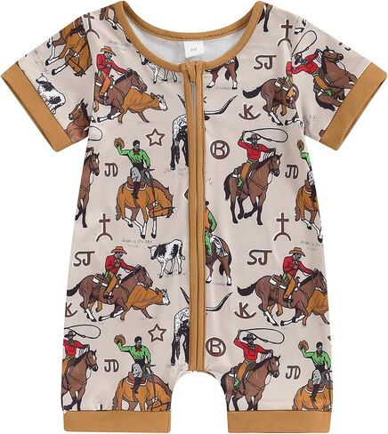 Muasaaluxi Western Baby Girl Boy Clothes Short Sleeve Cow Print Romper Zipper Bodysuit Jumpsuit Summer Clothes 0-18M in Kuwait