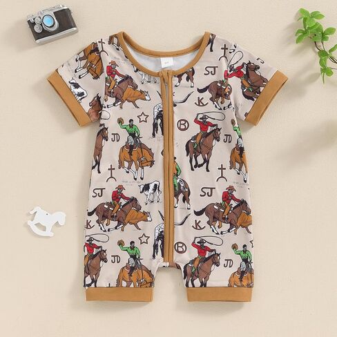 Muasaaluxi Western Baby Girl Boy Clothes Short Sleeve Cow Print Romper Zipper Bodysuit Jumpsuit Summer Clothes 0-18M in Kuwait