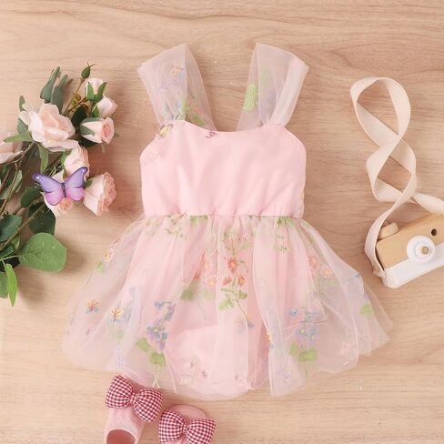 1st Birthday Girl Outfit Baby Flower Embroidery Princess Romper Tutu Dress Newborn Cake Smash Photoshoot Outfits in Saudi Arabia
