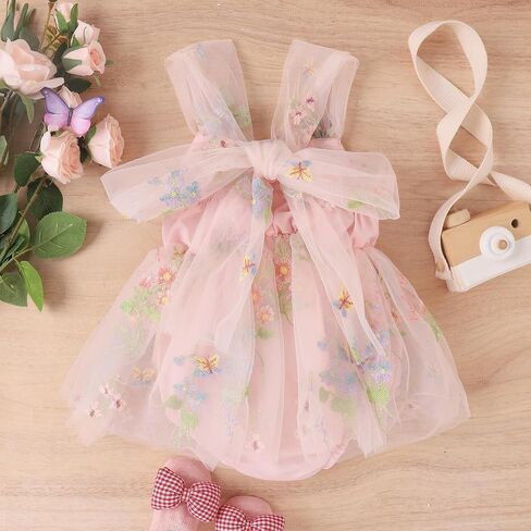 1st Birthday Girl Outfit Baby Flower Embroidery Princess Romper Tutu Dress Newborn Cake Smash Photoshoot Outfits in Saudi Arabia