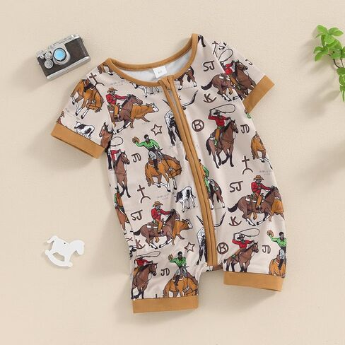 Muasaaluxi Western Baby Girl Boy Clothes Short Sleeve Cow Print Romper Zipper Bodysuit Jumpsuit Summer Clothes 0-18M in Kuwait