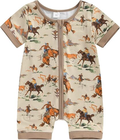 Muasaaluxi Western Baby Girl Boy Clothes Short Sleeve Cow Print Romper Zipper Bodysuit Jumpsuit Summer Clothes 0-18M in Kuwait