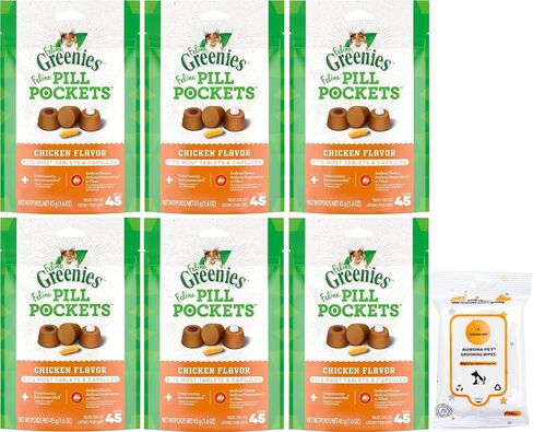 Bundle (6) Feline Pill Pockets Chicken Flavor Natural Soft Adult Cat Treats (1.6-oz Each) with AuroraPet Wipes in Saudi Arabia