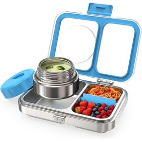 HOMEKOL Stainless Steel Bento Lunch Box with 9.5oz Insulated Food Jar, 2-Compartment Leak-Proof Container for Kids & Adults, BPA/BPS-Free 304 Metal Food Box, Dishwasher Safe, Clear Tritan Lid, Blue in Saudi Arabia