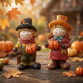 Topadorn Fall Boy and Girl Tabletop Figurine Autumn Statue with Pumpkin for Home Decor Harvest Resin Sculpture for Thanksgiving Day,2 Pack in Saudi Arabia