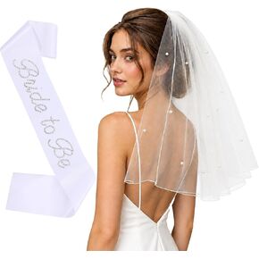 Bride to Be Sash and Veil Set for Bachelorette Party, White Pearl Bridal Veil with Rhinestone Satin Sash in Saudi Arabia