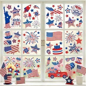 115Pcs 4th of July Window Clings Summer Patriotic Window Decals American Flag Stars Firework Double-Sided Reusable for Independence Day,Memorial Day Home School Office Decor Party Supplies,9 Sheets in Saudi Arabia
