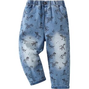 Toddler Boys Dinosaur Print Jeans Elastic Waist Denim Pants with Pockets Soft Cotton Casual Trousers for Kids 2T-7 Years in Saudi Arabia