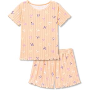 Tebbis Girls' Pointelle Knit Pajama Set - 2-Piece Short Sleeve PJs with Lettuce Trim & Adorable Prints Size 6-18 in Saudi Arabia