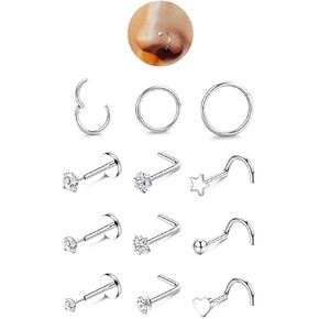 JeryWe 12PCS Nose Rings for Women - Gold Plated Hypoallergenic Surgical Steel Nose Rings Hoops Lip Septum Clicker Ring CZ Screw L Shaped Studs Threadless Flat Back Stud Nostril Piercing Jewelry in Saudi Arabia