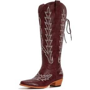 Uillnoodu Wide Calf Cowboy Boots Women Knee High Tall Western Cowgirl Boots Adjustable Lace Up Plus Size Comfortable 2-Inch Heel in Saudi Arabia
