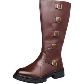 Men's Leather Side Zipper Knee High Motorcycle Boots Round Toe Platform Chunky Belt Buckle Retro Punk Style For Daily Autumn Winter Outdoor Riding Western Boots in Saudi Arabia