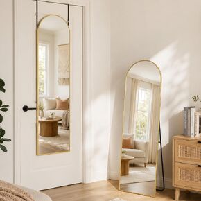BEAUTYPEAK 15"x 56" Over The Door Mirror, Arched Full Length Mirror with Floor Stand and Aluminum Frame, Adjustable Hooks, Wall Mounted or Standing for Bedroom, Living Room, Bathroom, Dorm, Gold in Saudi Arabia