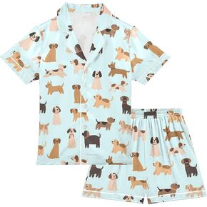 Unisex Summer 2 Piece Pajamas Satin Silk Button Down Sleepwear Lounge Set Animals Pjs in Saudi Arabia