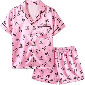 Basumee Girls Satin Pajamas Set 2 PCS Button Down Sleepwear Short Contrast Piping PJs Loungewear for Girls Teens 8-15 Years in Saudi Arabia