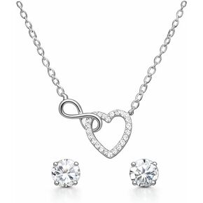 Heart and Infinity Necklace and Stud Earrings Set for Women, 925 Sterling Silver, Cubic Zirconia Jewelry Gift Box in Saudi Arabia