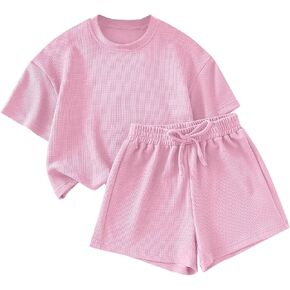 Girls 2 Piece Outfits Short Sleeve Waffle Knit T-Shirt and Shorts Active Outfit in Saudi Arabia