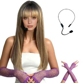 Blonde Ombre Wig with Bangs Heat Resistant Fiber Purple Gloves and Fake Microphone Halloween Cosplay Singer Costume in Saudi Arabia