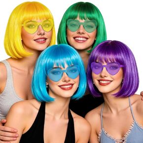 4 Pack Red Women Bobs Colored Bob Wig with Heart Sunglasses, Colorful Neon Party Wigs with Hair Net Funny Hairpieces for Cosplay Birthday Christmas Halloween Costume Musicals Bachelorette Party in Kuwait