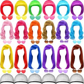 18 Pack Colored Party Wigs and Sunglass Set with 18 Pack Rimless Heart Shape Sunglasses Colorful Neon Short Bob Hair Wigs Hairpieces for Bachelorette Cosplay Neon Funky Party Favors Supplies in Saudi Arabia