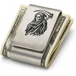 IN SELECT Grim Reaper Engraved Money Clip for Men, Double-Layer Stainless Steel Slim Cash & Card Holder, Minimalist EDC, Custom Name Laser Engraving Option (Grim Reaper Engraved) in Saudi Arabia